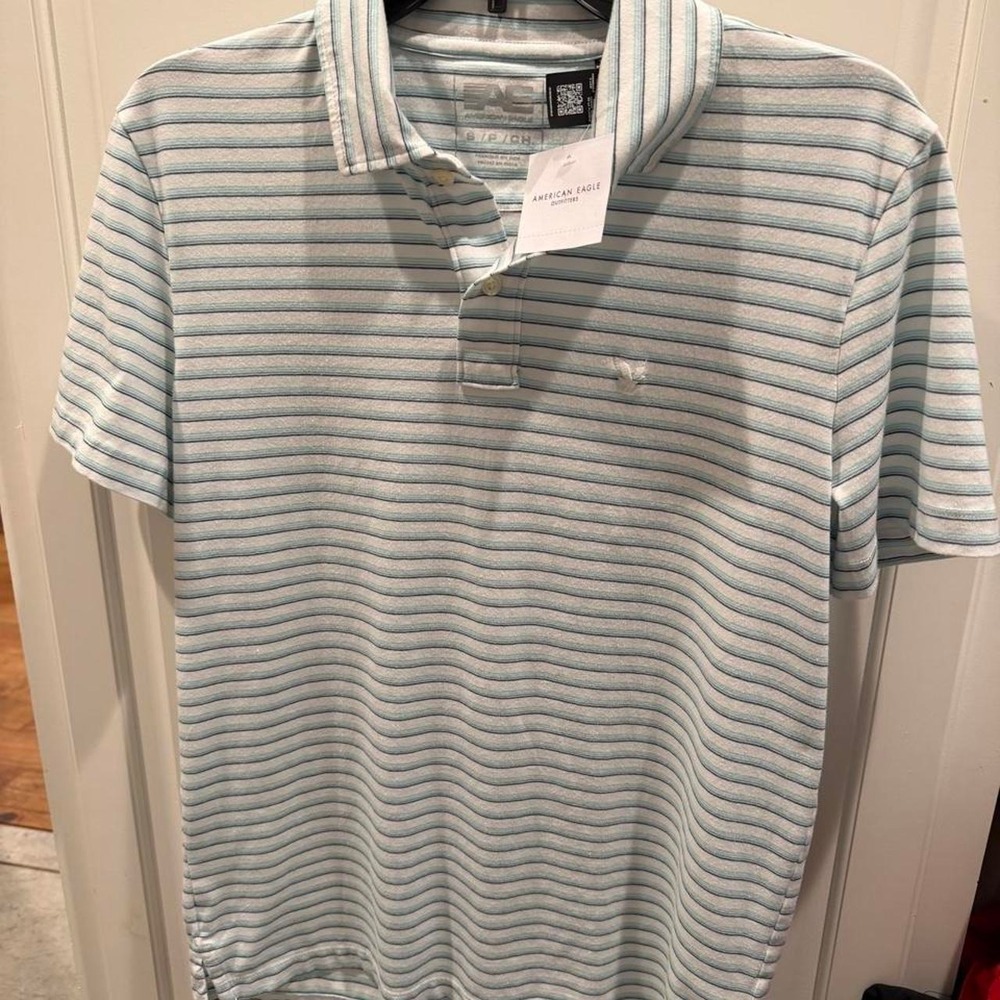 American Eagle Mens Blue White Striped Short Sleeve Polo Shirt Small NWT